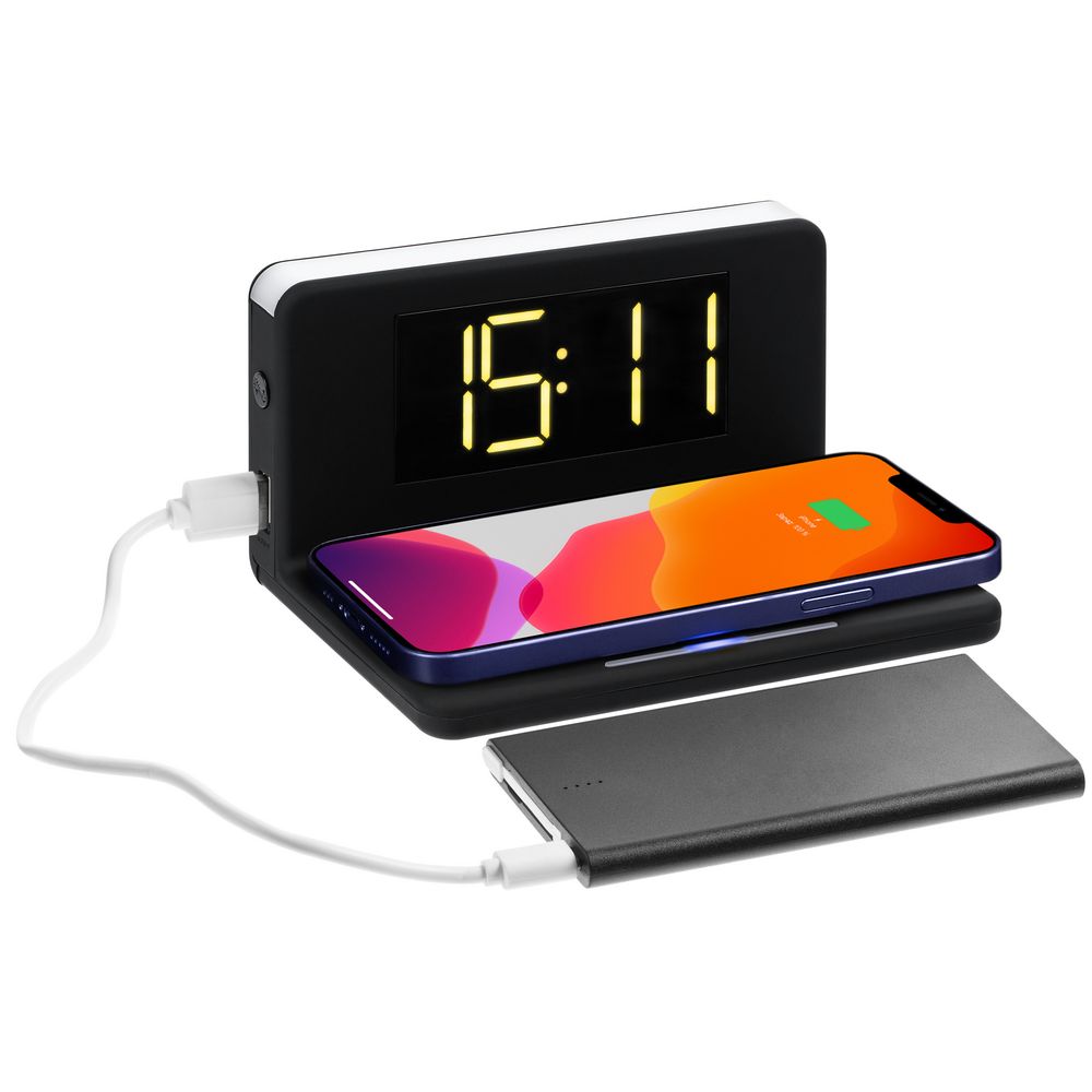 Часы настольные с беспроводным зарядным устройством Pitstop, черные — изображение 2