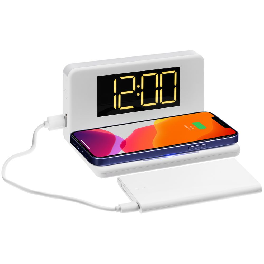 Часы настольные с беспроводным зарядным устройством Pitstop, белые — изображение 2