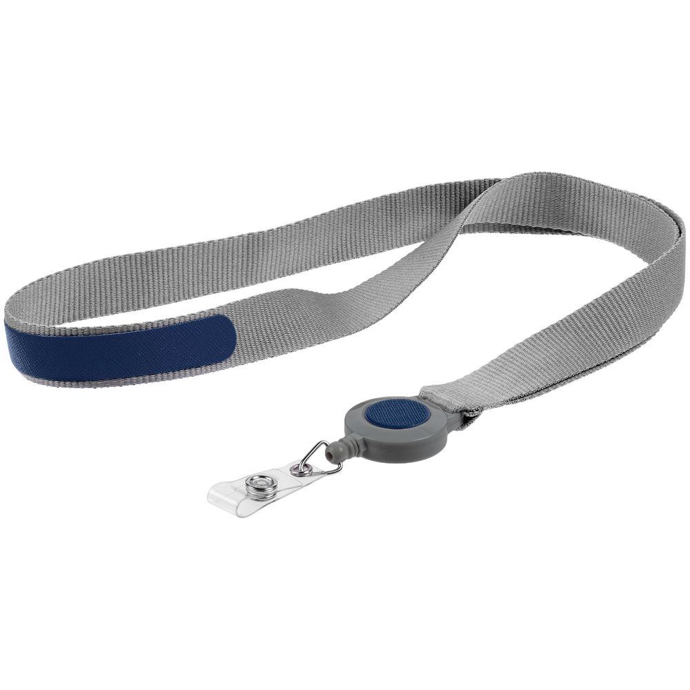 Лента для бейджа с ретрактором Devon, серая с синим — изображение 2