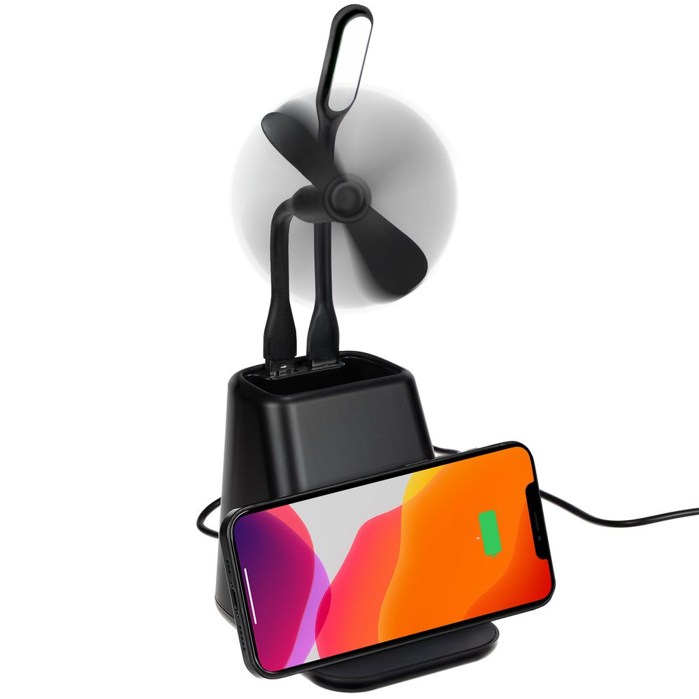 Настольный органайзер с зарядкой, лампой, вентилятором и подсветкой лого powerTower, черный — изображение 2