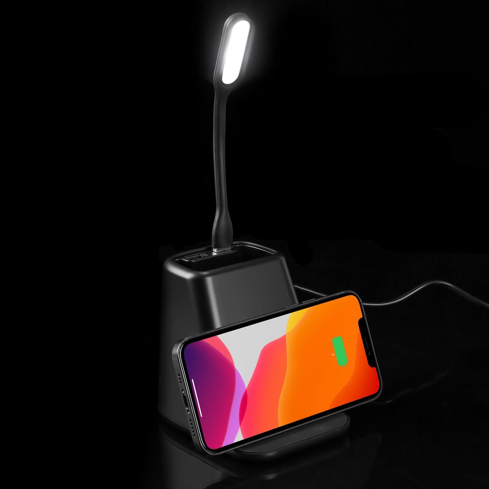 Настольный органайзер с зарядкой, лампой, вентилятором и подсветкой лого powerTower, черный — изображение 11