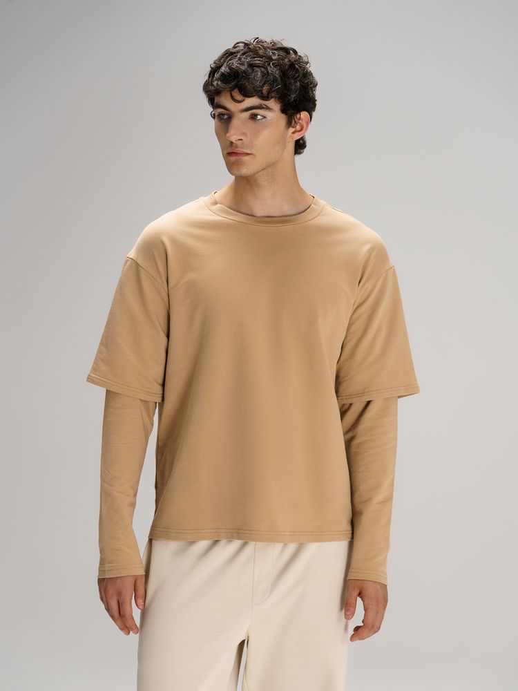 Футболка оверсайз с двойным рукавом Kosmos, бежевая — изображение 9