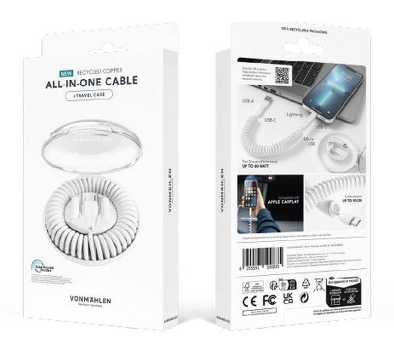 Кабель Vonmahlen Allroundo Eco для быстрой зарядки, белый — изображение 7